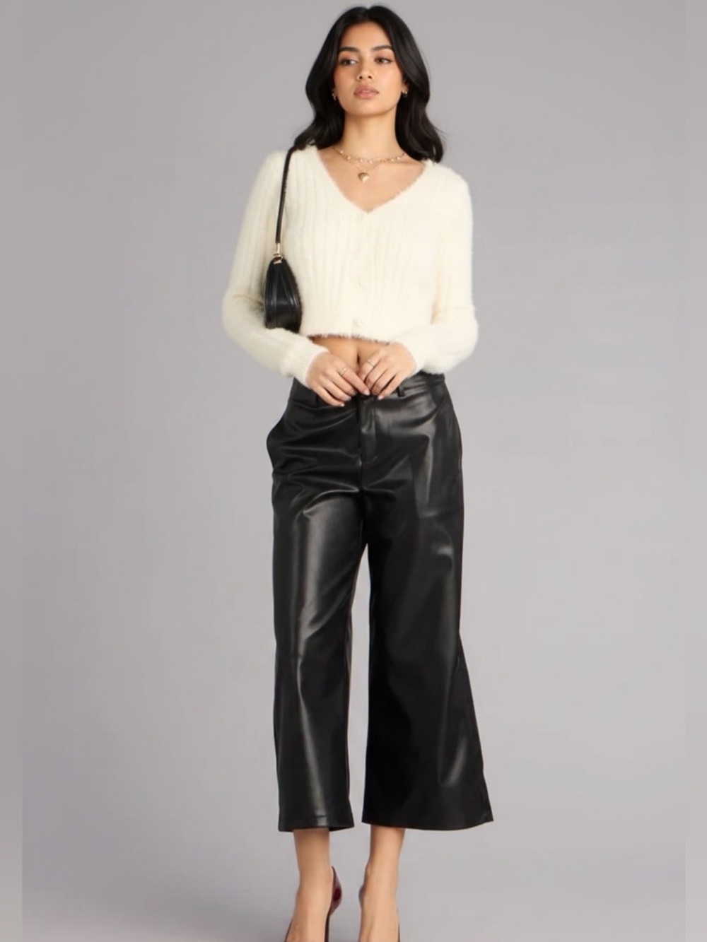 Black Faux Leather Wide-Leg Cropped Pants
